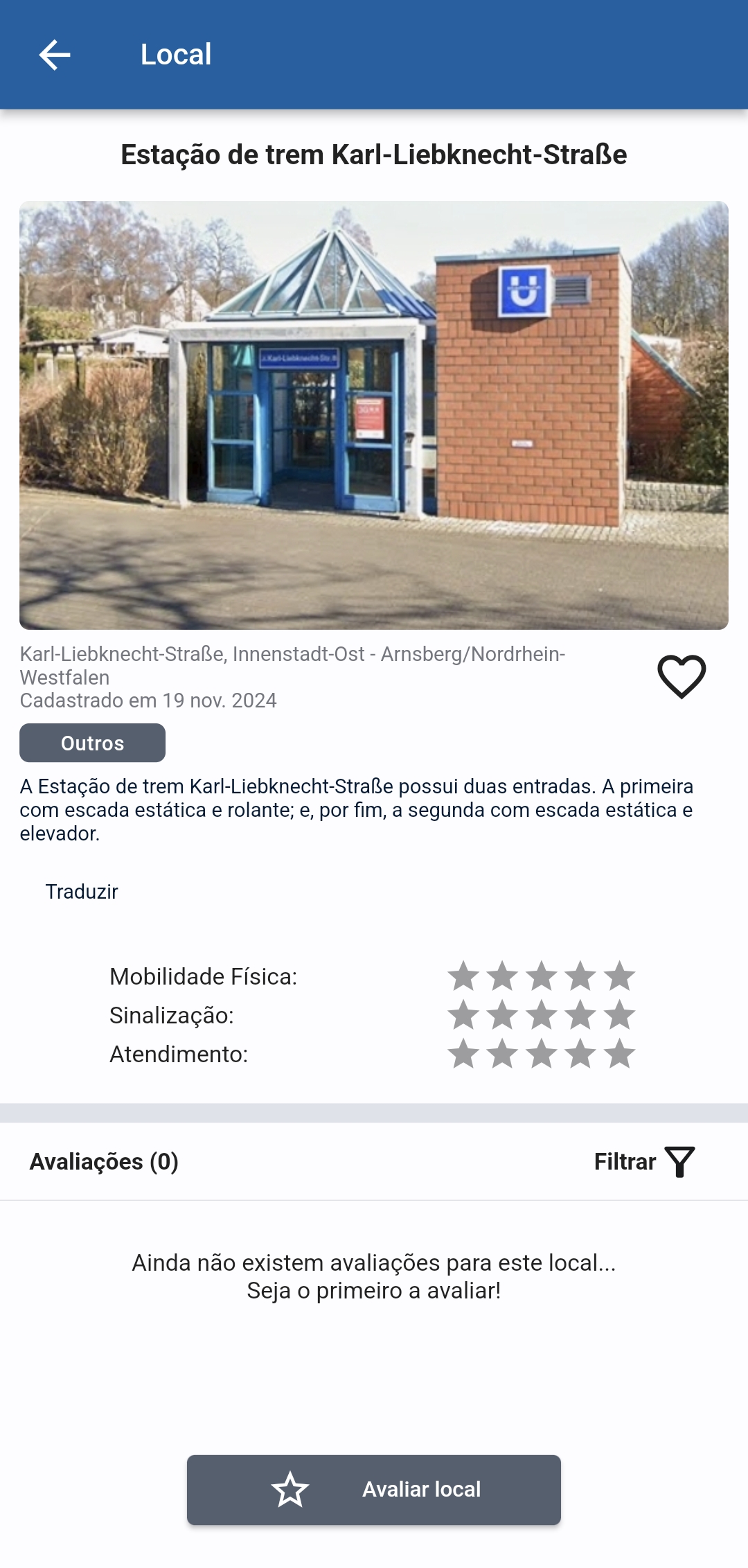  A imagem exibe os detalhes e avaliações de um local cadastrado no aplicativo DMOVEL. 